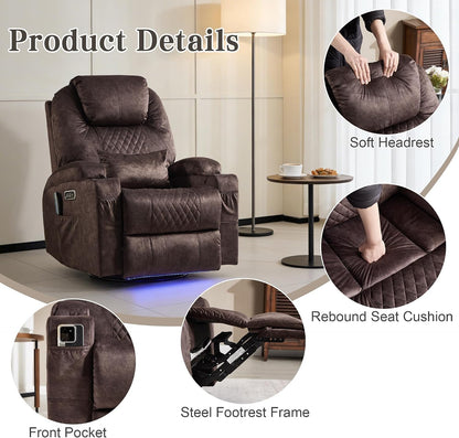 AHMED Dual Motor Power Swivel Rocker Recliner Chair, Velvet Brown | Electric Glider Rocking Chair, Massage & Heat, Cup Holders, LED Lights, USB A/USB C Ports