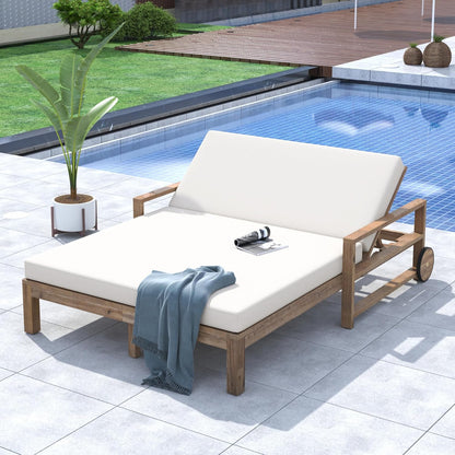 Merax Acacia Wood Outdoor Daybed Sofa, Farmhouse Patio Sun Lounger with Adjustable Backrest, High-Density Cushions & Removable Wheels, Weather Resistant for Garden, Poolside, Backyard, Beige
