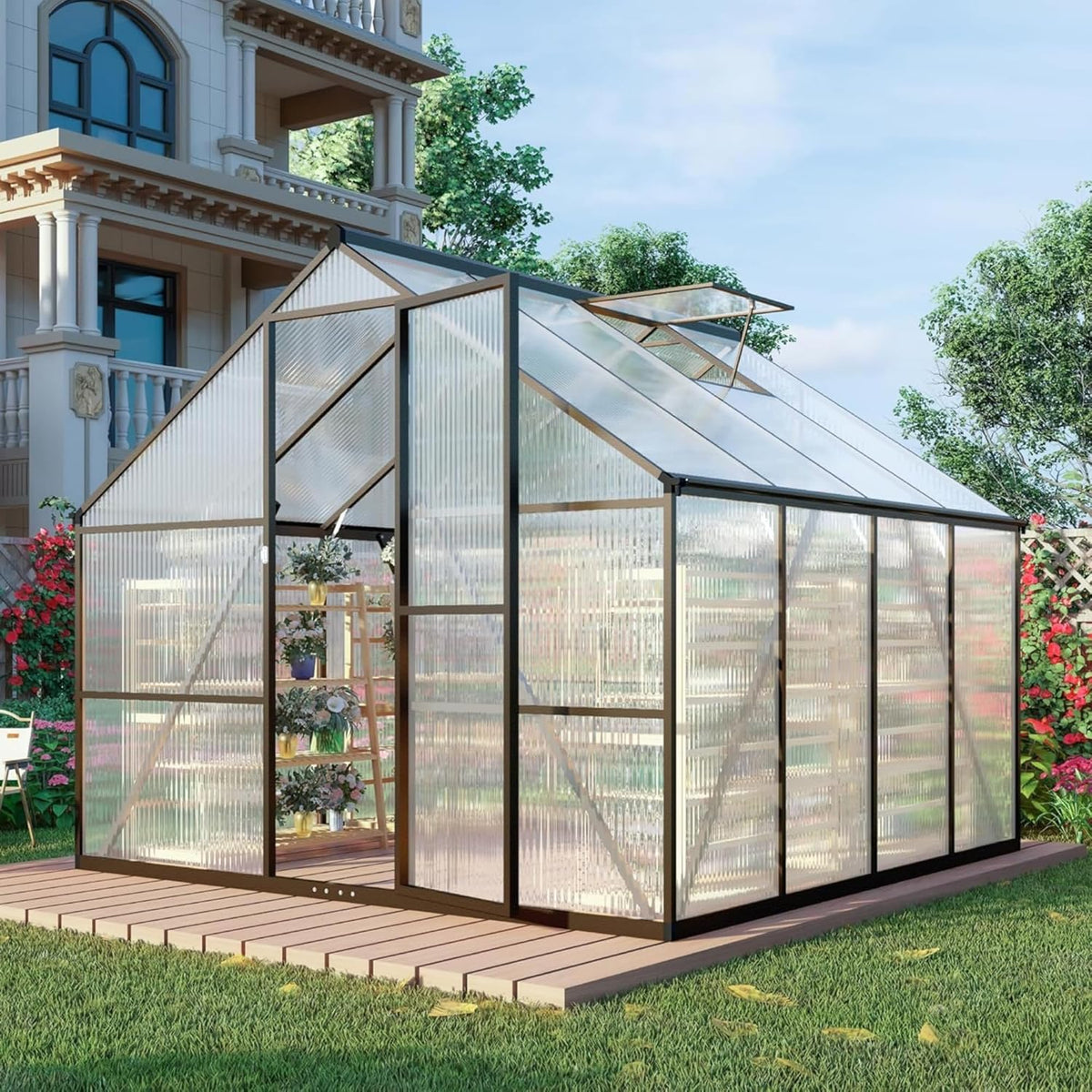 8x8 FT Greenhouse for Outdoors, Polycarbonate Greenhouse with Quick Setup Structure and Roof Vent, Aluminum Large Walk-in Green House for Outside Garden Backyard, Dark Gray