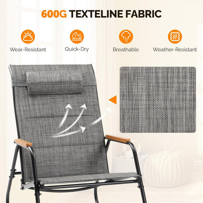 VINGLI Outdoor Rocking Chair, 450lbs Capacity Portable Outdoor Rocker with Footrest, Hard Armrests, Pillow, All Weather Porch Rocker for Garden, Living Room, Patio, Lawn (Black&Gray, with footrest)