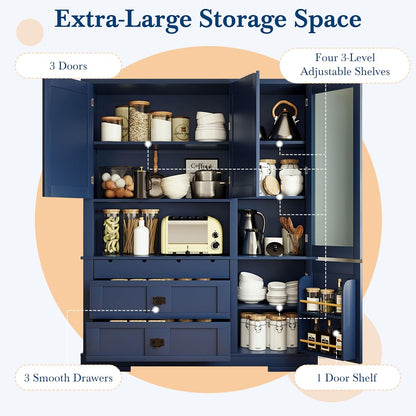 63.3" Traditional Freestanding Buffet Hutch with Storage Shelves & Organizer, Large Kitchen Pantry with Workstation (Blue17)