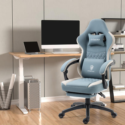 Dowinx Gaming Chair Breathable Fabric Game Chair with Gel Pad and Storage Bag, Comfortable Gamer Chair with Pocket Spring Cushion, Ergonomic Computer Chair with Footrest, Blue
