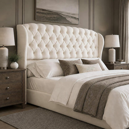 AMERLIFE Full/Queen Headboard Only, Velvet Upholstered Wingback, Cream