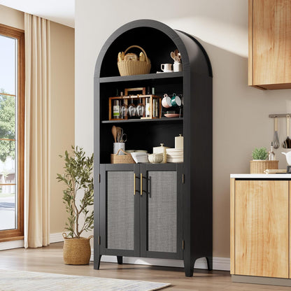 IDEALHOUSE Arched Kitchen Pantry Cabinet with Doors - 5-Tier Open Display Shelf with Rattan Decor, Farmhouse Storage Cabinet for Kitchen, Dining Room, Living Room, Black