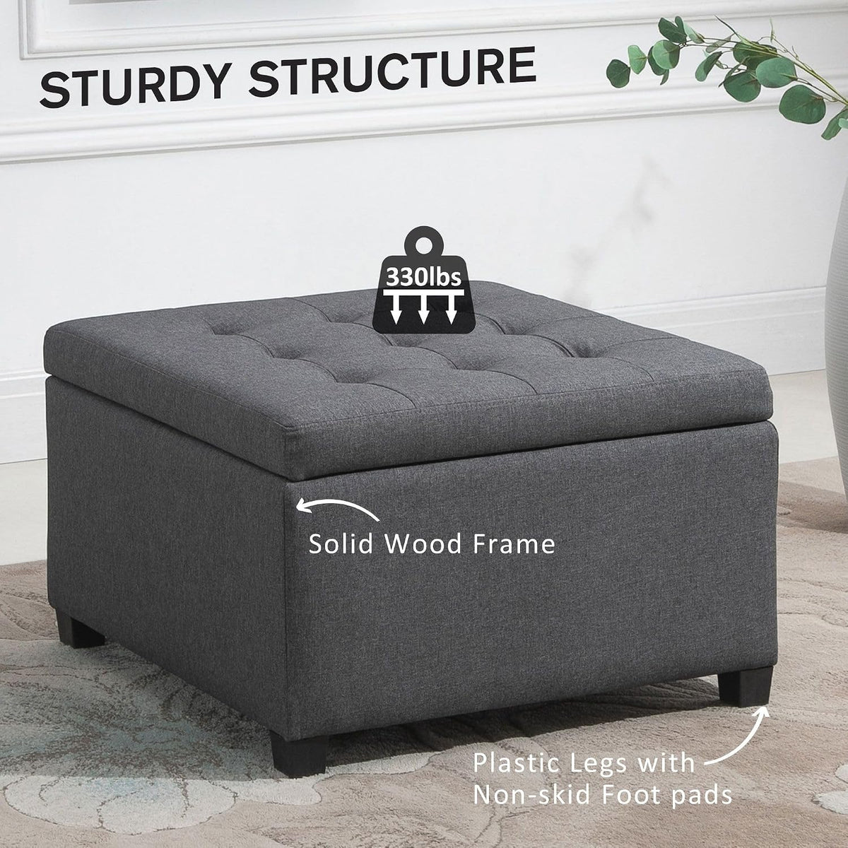 33x28x17inch 450lb Premium Quality Tufted Microfiber Storage Ottoman LiftTop Heavy Duty Metal Hinge Cherry FFor rame Charcoal