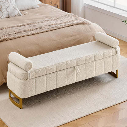 Storage Bench, 63" Ottoman with Storage for Foot of Bed King Size, Modern Upholstered End of Bed Bench with Gold Metal Legs for Bedroom Entryway Hallway, Teddy Beige