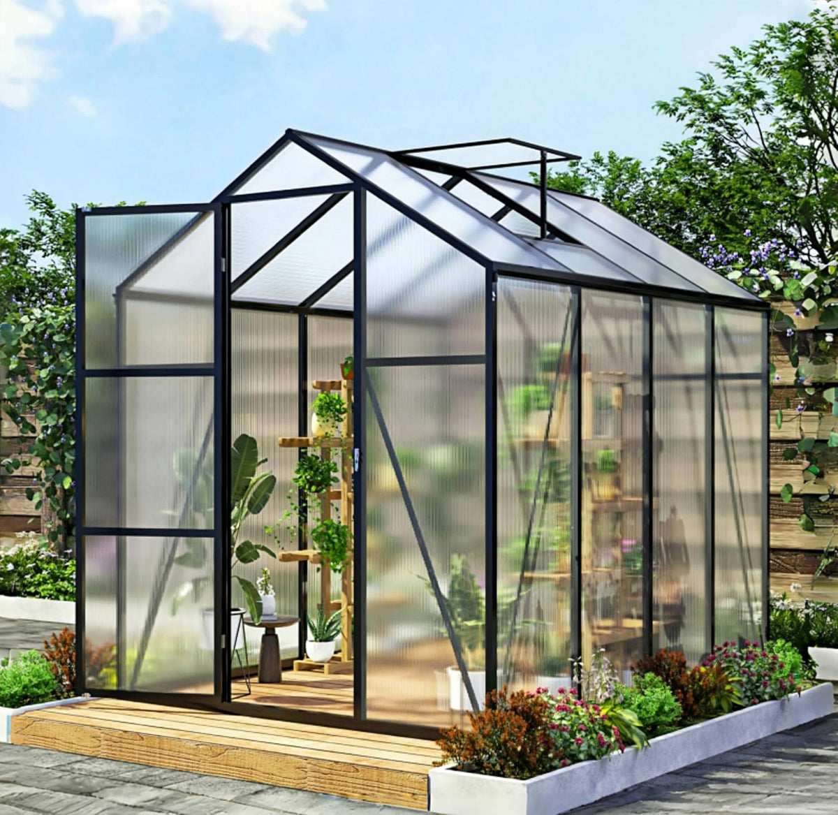7.2FT High 6*8.2FT Greenhouse for Outdoors,Polycarbonate Greenhouse with Stronger Wind Protection and Roof Vent,Walk-in Large Aluminum Sunroom Winter Proof,Black