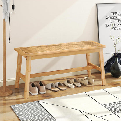 Giantex 39.5" Bamboo Dining Bench with Handwoven Rattan Seat, 600lbs Capacity, Shoe Ottoman, Kitchen Table Bench for Indoor Outdoor, Bedroom, Bathroom, Front Door, End of Bed, Entryway (Natural)