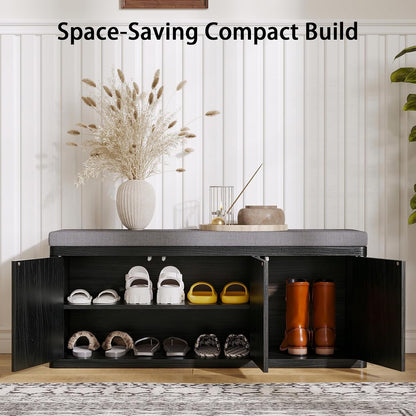 41.3" Fluted Shoe Storage Bench, Entryway Bench with 2" Cushioned Seat, 440lbs Heavy Duty Shoe Cabinet Bench with Adjustable Shelf, Hidden Storage Organizer for Bedroom End of Bed, Black