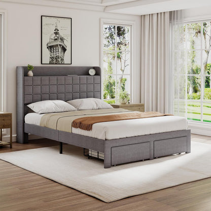 DUMOS Full Bed Frame, Upholstered Platform Bed Frame with Storage Drawers