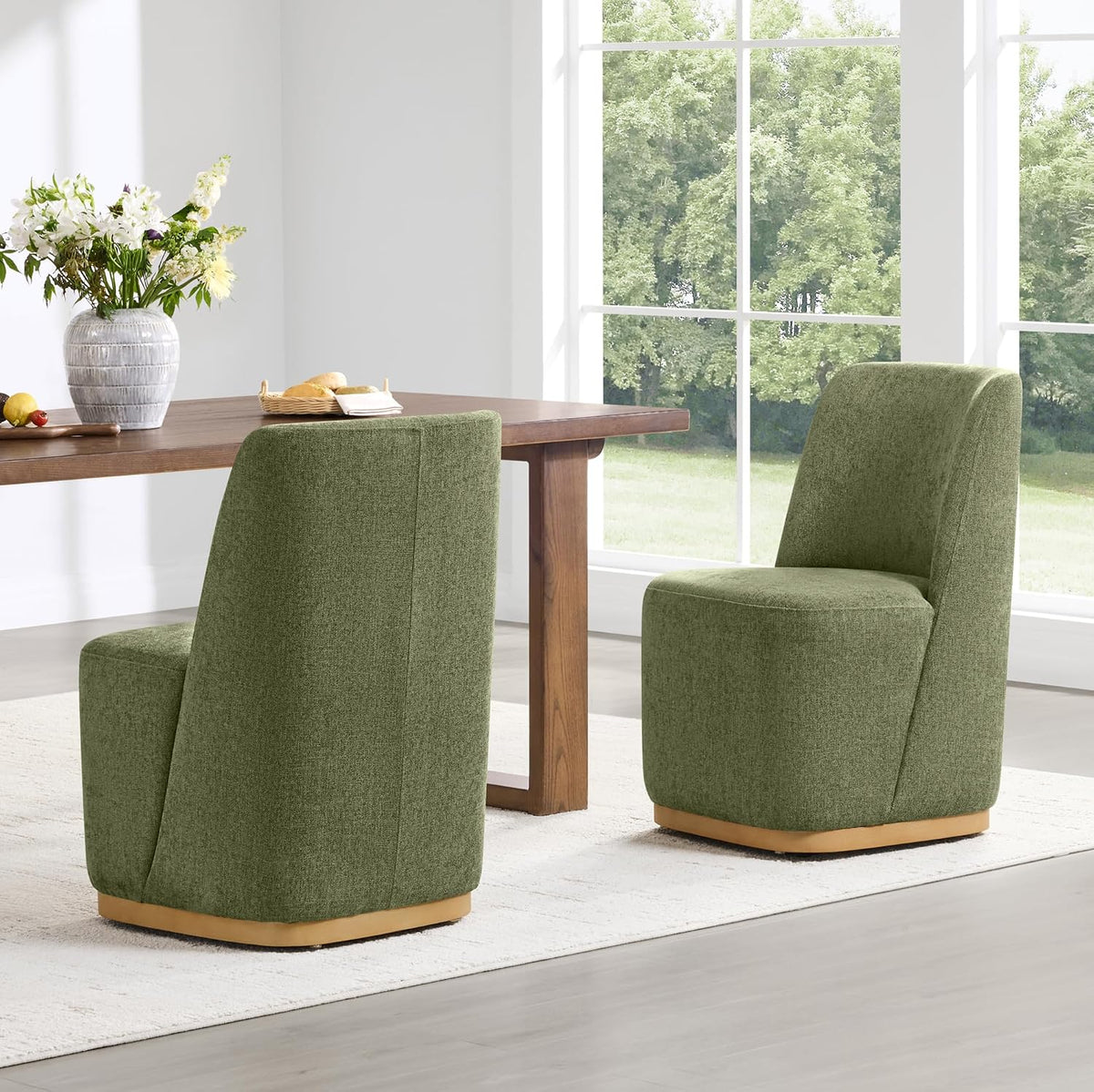 CHITA Upholstered Rolling Dining Chair on Casters Set of 2, FSC Certified Modern Fabric Dining Chair with Casters, Boucle Dining Chairs for Reading Room Kitchen Dining Room, Moss Green