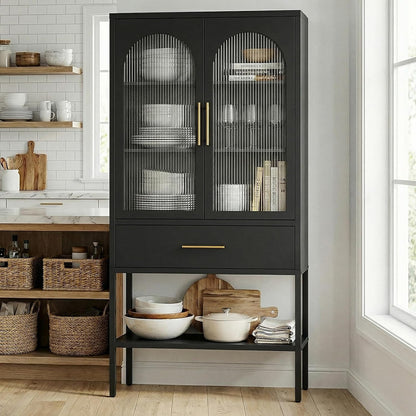 63" Tall Metal Storage Cabinet with Glass Doors, Kitchen Pantry Cabinet with Drawers & Adjustable Shelves, Freestanding Metal Cabinet for Kitchen, Dining Room and Home Organization Black
