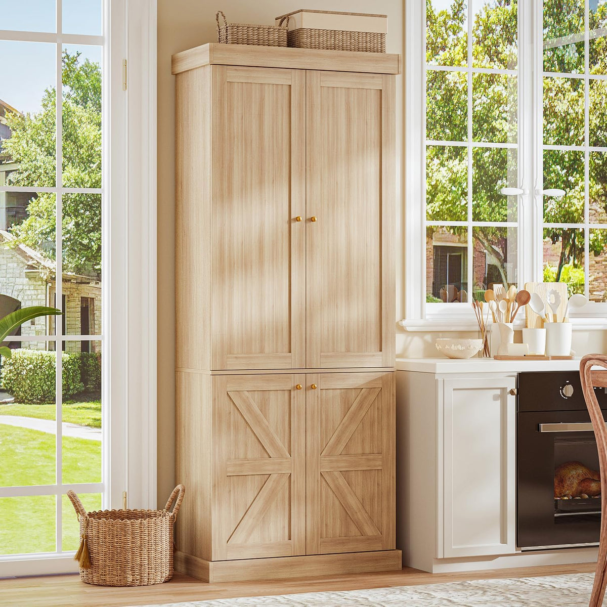 ivaniti 70.8" Tall Kitchen Pantry Cabinet with Doors, Farmhouse Modular Storage Cabinet with 4-Tier Adjustable Shelves, Large Storage Cabinet for Kitchen or Living Room, Set of 2, Brown
