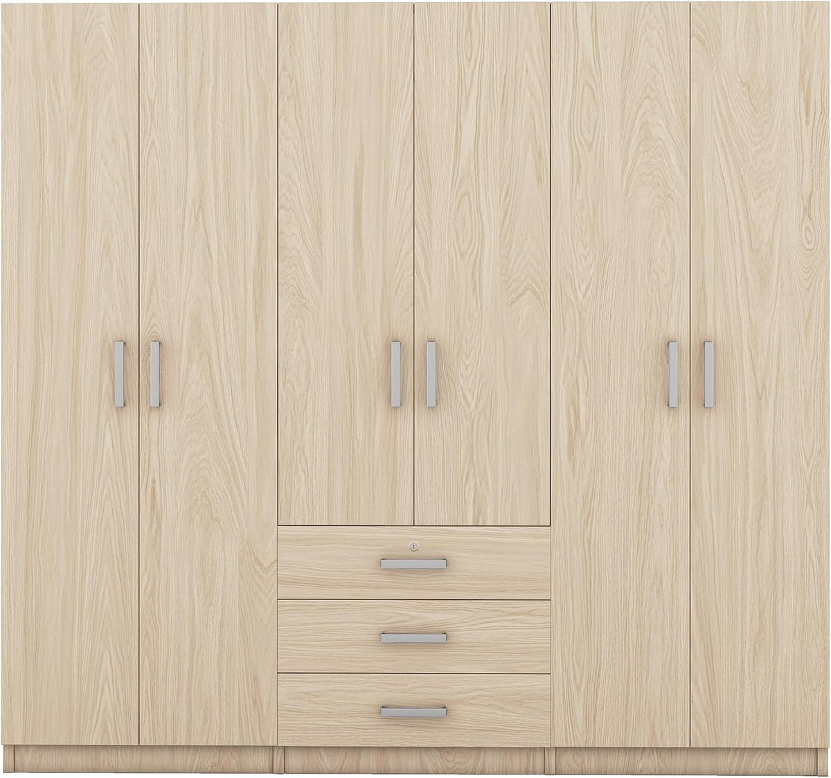 Merax Large 6 Doors Wooden Wardrobe, Bedroom Tall Armoire Closet Organizer with Big Drawers, Hanging Rails and Shelves, Clothes Storage Cabinet for Garage & Laundry Room, Natural