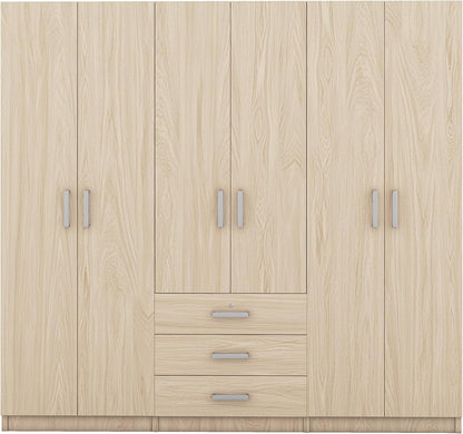 Merax Large 6 Doors Wooden Wardrobe, Bedroom Tall Armoire Closet Organizer with Big Drawers, Hanging Rails and Shelves, Clothes Storage Cabinet for Garage & Laundry Room, Natural