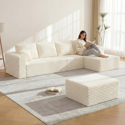 118" U-Shaped Modular Sectional Sofa Set,Soft Corduroy Cloud Couch with Chaise & Ottoman,Deep Seat Couches for Living Room,No-Assembly - Beige (Left Facing Chaise)