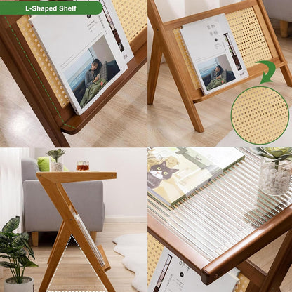 Z Shaped End Table, Wooden Coffee Tables with Storage,Boho Wooden End Table,Side Tables Living Room with Glass Top & Magazine Rack for Bedroom,Couch,Small Space,Yellow,45 * 37 * 56cm