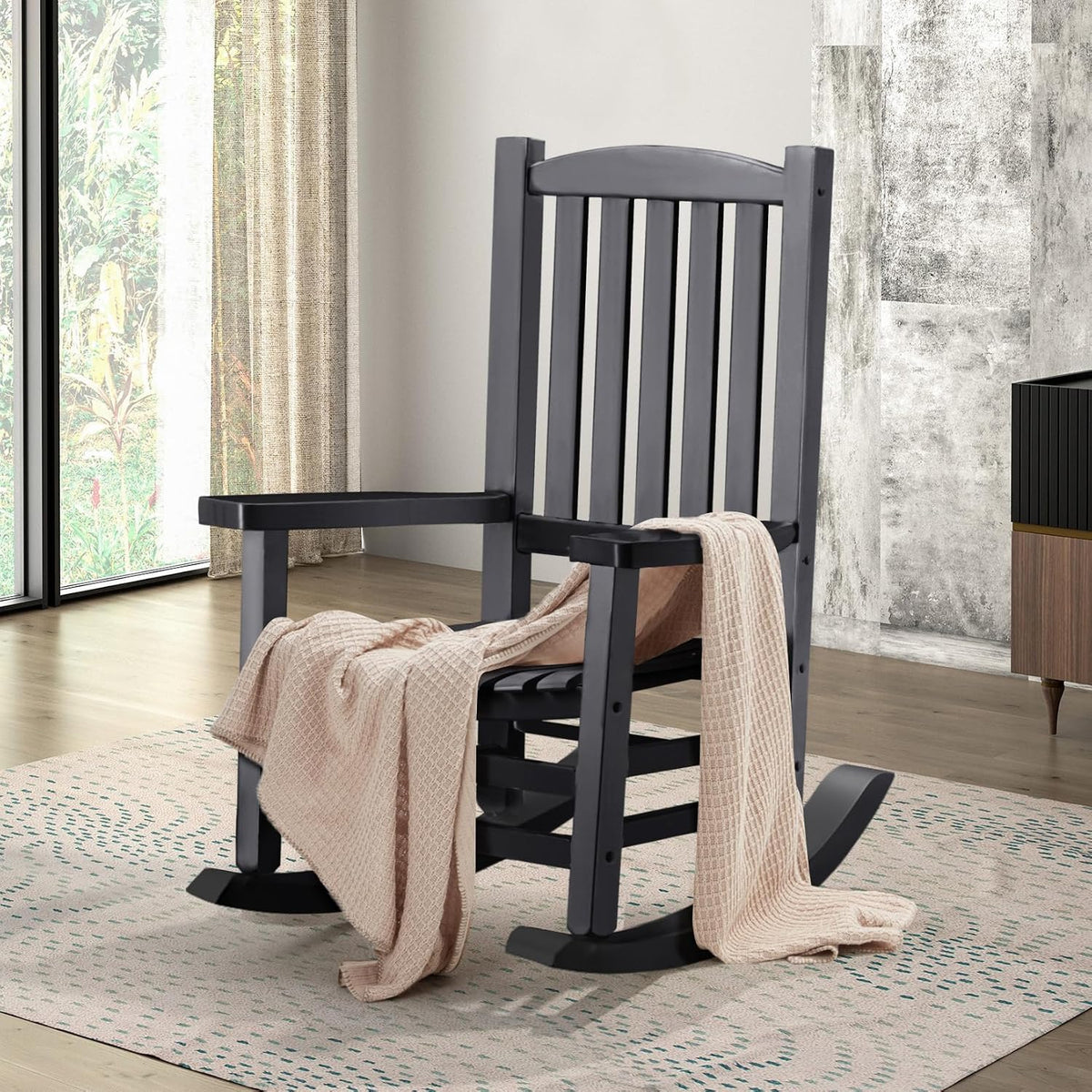 Hupmad Wooden Rocking Chair Outdoor Oversized Porch Rocker Chair,Patio Wooden Rocker with High Back and Armrest,All Weather Rocker Slatted for Backyard,Garden,400 lbs Support,Black