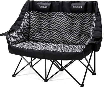 High Back Double Camping Chair Padded Folding Loveseat with Adjustable Pillows Heavy Duty 2 Person Camping Lawn Chairs for Adults with Cup Holders & Wine Racks for Outdoor Sports Beach Fishing