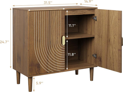 Smuxee Walnut Sideboard Cabinet, Freestanding Buffet Cabinet with Line Groove Design, Wood Storage Cabinet with Adjustable Shelf for Living Room, Entryway, Hallway