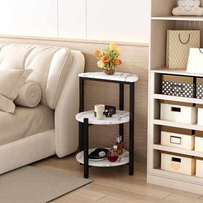 White and Black End Tables Set of 2, Round Marble Nightstand Set of 2 for Bedroom 3-Tier Marble Side Table Small Coffe Table with Metal Legs,Modern Sofa Table Accent Table for Living Room