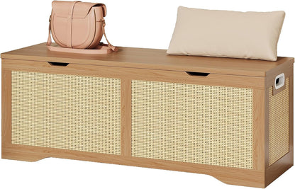 LIKIMIO 47.2" Rattan Storage Ottoman Bench Chest, Rustic Wood | Vintage brown rattan and wood frame; 330 lb support and 47.2 x 15.8 x 17.7 in size.