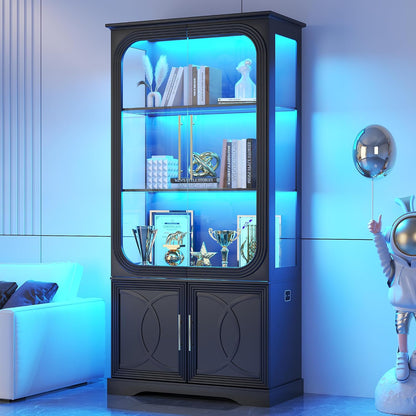 69" Tall Display Cabinet with Glass Doors, Curio Cabinet with 3 LED Lights and Human Body Sensor, Glass Display Case with Storage Cabinet for Living Room, Black