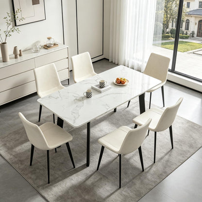 47.2"-63" Extendable Dining Room Table Set for 4-8 People, White | Removable Extension Leaf, Durable MDF Rectangle Top, 6 Beige Sleek Faux Leather Chairs, Heavy Duty Modern Kitchen Table Set