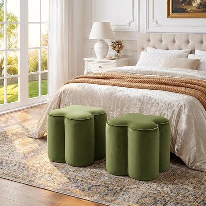 Olive Green Velvet Ottoman Set of 2, Modern Small Vanity Stool | Multi-Functional Ottoman Stool, Footrest for Couch, Flower Footstool for Makeup Room, Entryway and Living Room