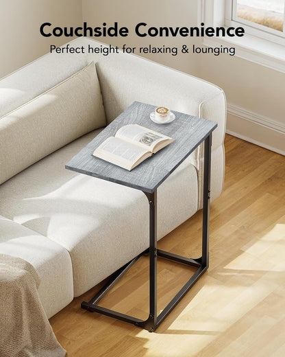 Pipishell C-Shaped Side Table, C Table for Sofa with Two-Piece Desktop & Metal Frame, Large Surface End Table for Living Room, Bedroom, Bedside, Rustic Design, Grey