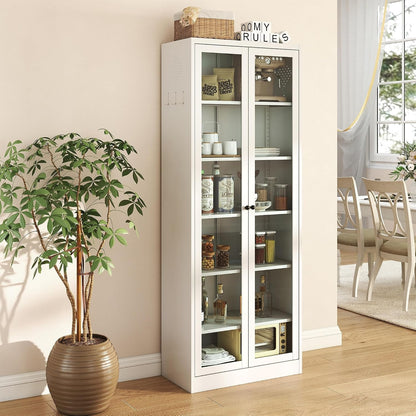 Metal Kitchen Pantry Cabinet – 72" Tall Storage with 5 Adjustable Shelves, White Freestanding Cabinet for Kitchen/Pantry/Bathroom – Heavy Duty Steel Frame, Glass Door