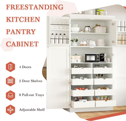 LUMISOL Kitchen Pantry Cabinet, 70.9" Tall Cupboard Storage Cabinet with Adjustable Shelves and Door Shelves, Freestanding Kitchen Hutch with 8 Pull-Out Trays for Dining Room Living Room, White
