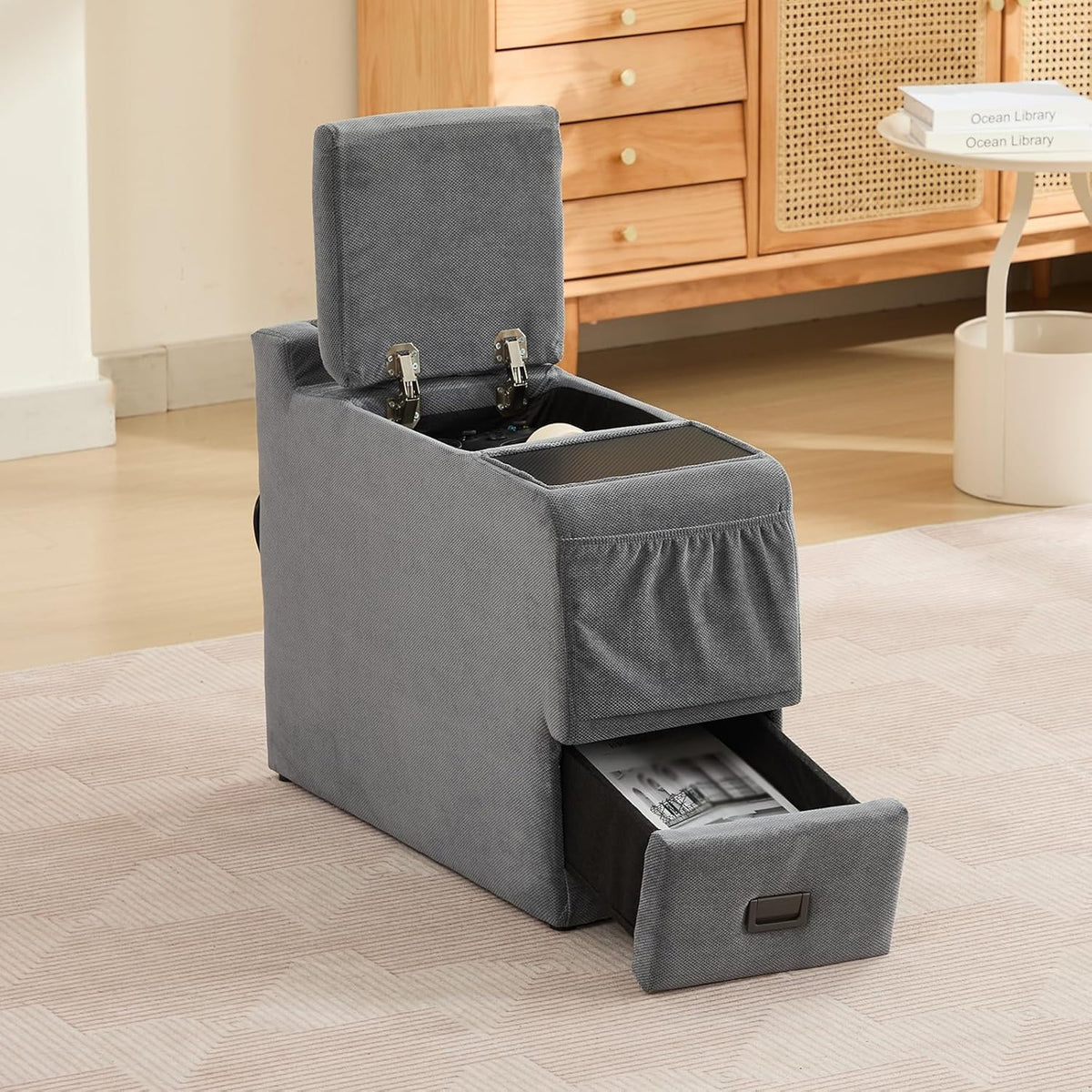 Center Console for Recliner, Fuctional Sofa Side Table with Storage Drawers, Gray Sofa Console Table with Dual Charging Ports, End Table (Linen, Gray)