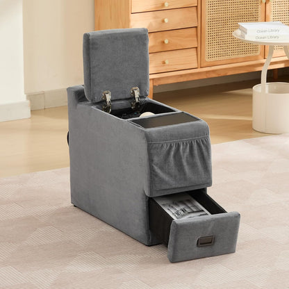 Center Console for Recliner, Fuctional Sofa Side Table with Storage Drawers, Gray Sofa Console Table with Dual Charging Ports, End Table (Linen, Gray)