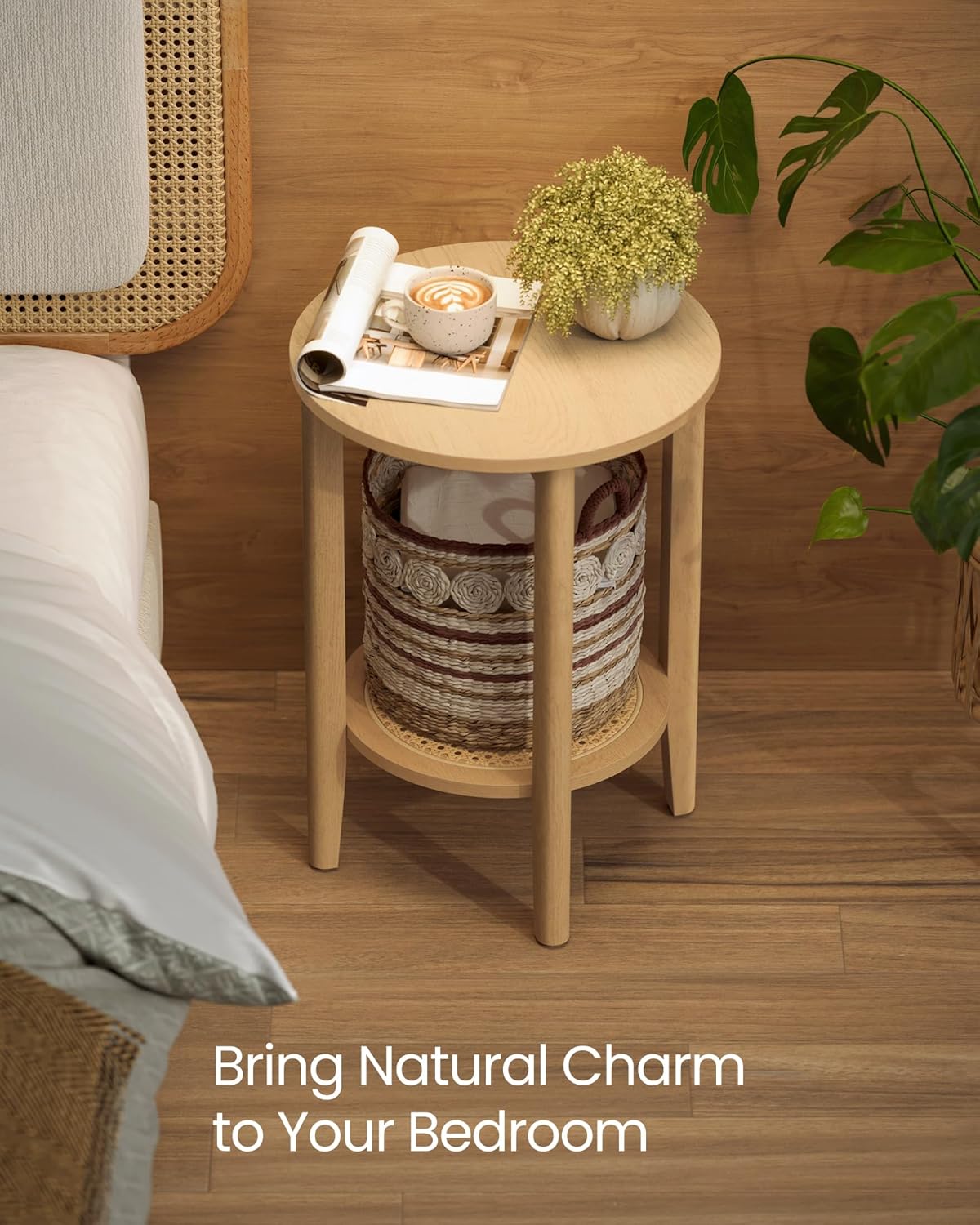 VASAGLE Round Side End Table, 2-Tier Boho Bedside Table with Rattan-Look Storage Shelf, Nightstand for Small Spaces, for Living Room, Bedroom, Home Office, Oak Beige ULET296Y01