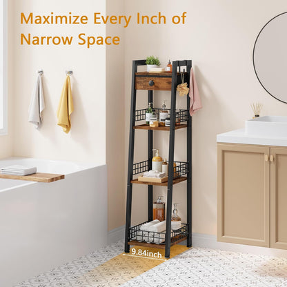 Gewudraw 4-Tier Narrow Ladder Shelf with Drawer, Bathroom Table Stand for Small Space, Narrow Bathroom Standing Shelves with Storage for Living Room Bedroom Kitchen, Organizer Shelf, Rustic Brown
