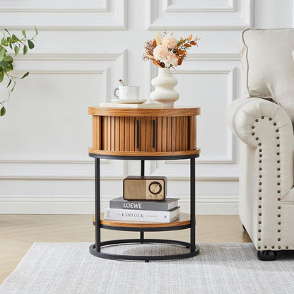 Turtle&Myrtle Small Round Side Table with Storage, 2-Tier Wooden End Table with Sliding Door and Shelf, Mid-Century Circle Nightstand for Living Room, Bedroom, Walnut, 2PC