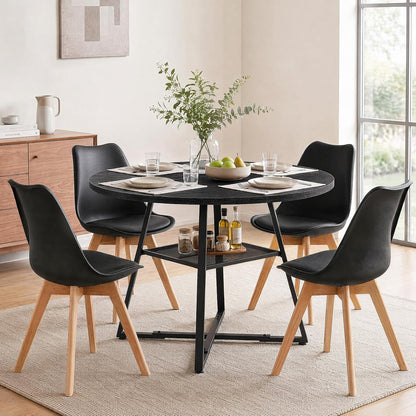 42in Round Dining Table Set for 4, Kitchen Table with Chairs | Circle Table, PU Leather Chair, Metal Cross Base, Storage Shelf, Breakfast Nook, Space-Saving, Apartment, Living Room, Black