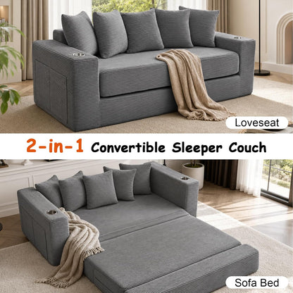76" Convertible Sofa Bed, Corduroy Couch with Cup Holders & Pocket | 2-in-1 Sleeper Sofa, Pull-out Couch Bed with 5 Pillows, Living Room, Small Spaces, Bedroom, No Assembly
