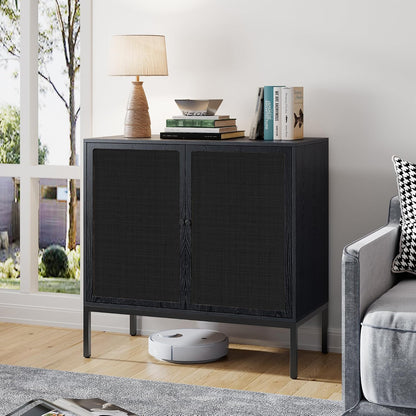 Brafab Black Sideboard Buffet Cabinet with Natural Rattan Decorated Doors, 31.5" W Rattan Credenza Storage Cabinet, Boho Cabinet for Living Room, Entryway, Dining Room/Square Doors