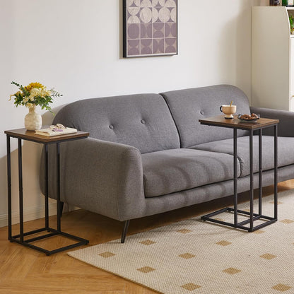 Aibiju Side Table Small End Table C Shaped, Slide Under Laptop Desk for Couch, Living Room Side Table, TV Trays for Eating on Couch, Rustic Brown+Black YD-TM051HB-2