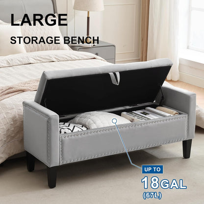 Storage Ottoman Bench, Velvet Upholstered Footstool for Bedroom and Living Room, Tufted Seat with Storage, Wooden Legs & Metal Rivets, Grey