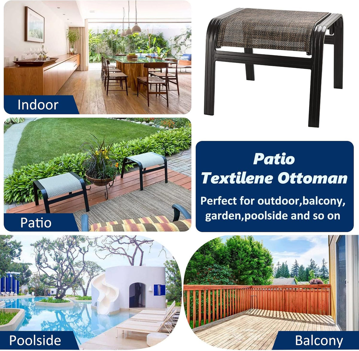 Outdoor Patio Foot Rest Ottoman Seat Textilene Portable Metal Footstool Portable Patio Chairs 2 Set Brown