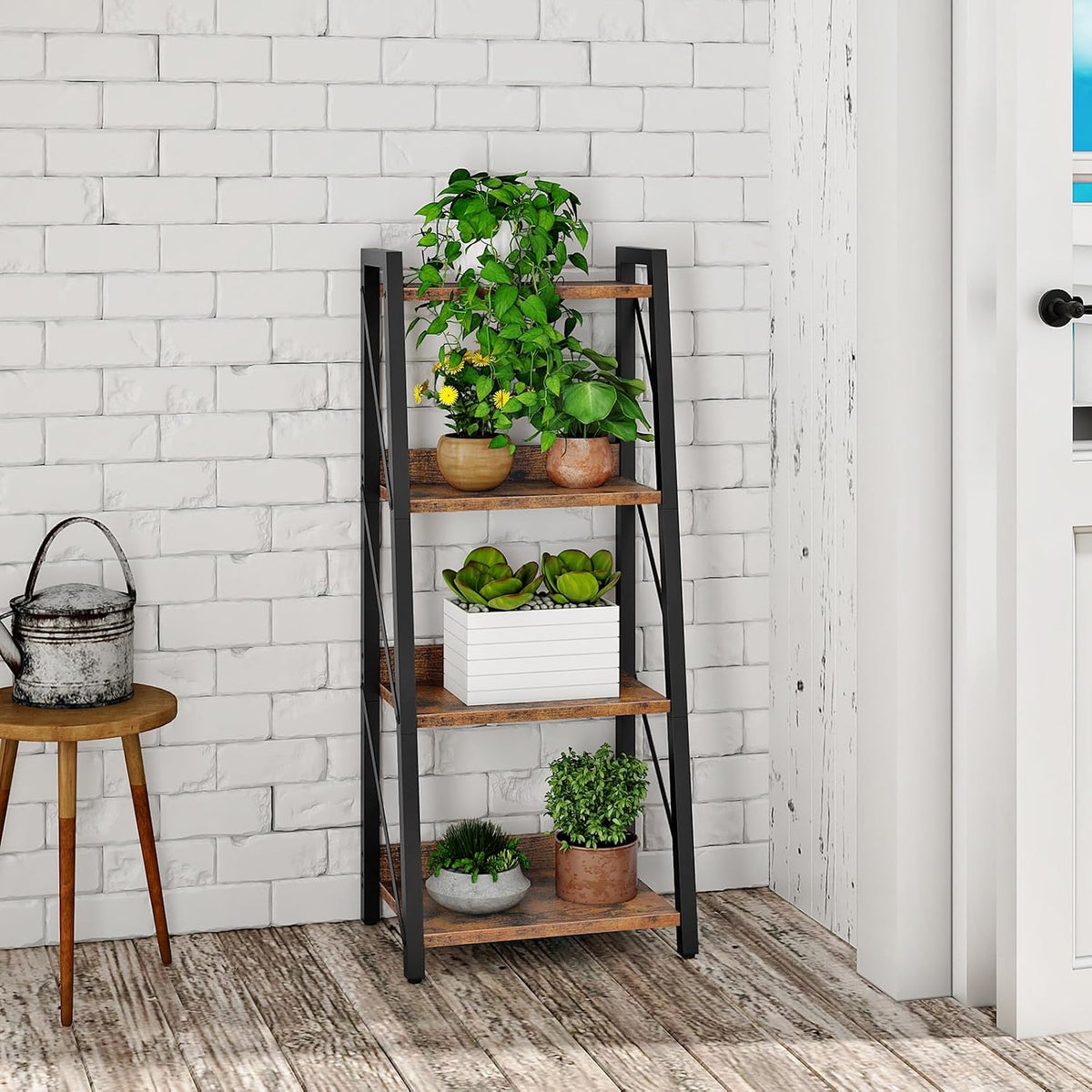 HOOBRO Ladder Shelf, 4-Tier Bookshelf, Corner Bookcase, Freestanding Storage Shelf Display Organizer, for Living Room, Bedroom, Home Office, Kitchen, Rustic Brown and Black BF304CJ01