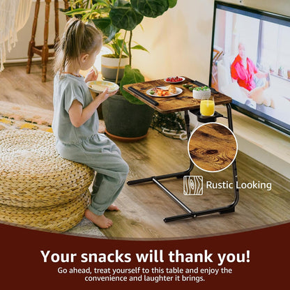 TV Trays Set of 4 - Folding TV Tray Adjustable Dinner Trays for Eating On Couch Wooden Tables Mate Stand Foldable Rustic Desk with Cup Holder Portable