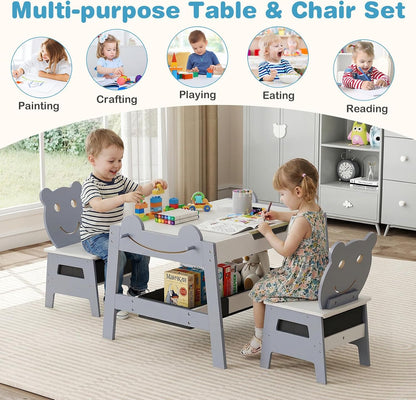 Children's Table with 2 Bear Chairs, 5-in-1 Painting Table with Reversible Board & Whiteboard, Children's Seating Set with Storage Space, 4 Hooks & Fabric Containers for Children 3-10 Years