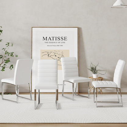Modern Dining Chairs Set of 4, White Faux Leather Kitchen Chairs, Upholstered Armless Dining Room Chair with Silver Mental Legs Heavy Duty, Comfortable (White Chairs, Set of 4)