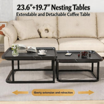 Set of2 Nesting Coffee Tables, Space‑Saving Side Table Set,Black | Stackable Design, Mid‑Century Modern Style, Multi‑Scene Usage, Ideal For Living Room, Bedroom And Balcony Decor