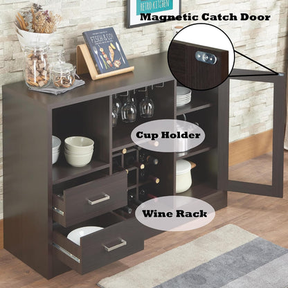 Knocbel Wooden Storage Wine Cabinet with Glass Door and 2 Interior Shelves, Console Table Buffet Sideboard Server with Drawers and Open Compartments for Kitchen 16" D x 47" W x 33" H Espresso