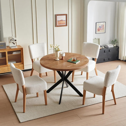 Howtek 5-Piece Kitchen Table Set, 37-Inch Faxu Wood Round Dining Table, White Upholstered Kitchen Side Chairs with Backrest & Metal Legs for Breakfast Nook, Dining Room, Office, Kitchen